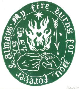 Isabelle Mulvany - 2023 Linoprint, My Fire Burns For You (Green)