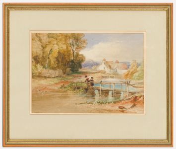 Framed Mid 19th Century Watercolour - Couple on the Bridge