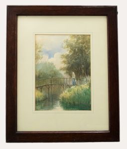 Women on the Bridge - Framed Late 19th Century Watercolour, Women on the Bridge