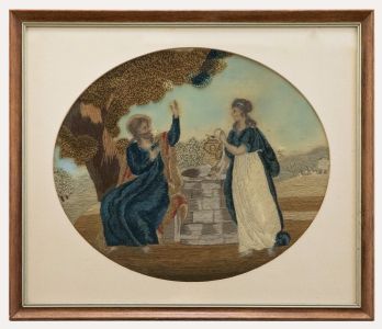 Framed 19th Century Silkwork Embroidery - Jesus and the Samaritan Woman