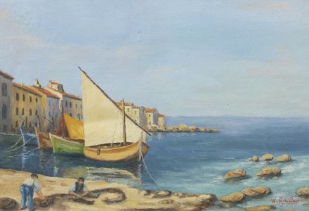 Maurice Antillan - 20th Century Oil, Rocky Cove with Boats