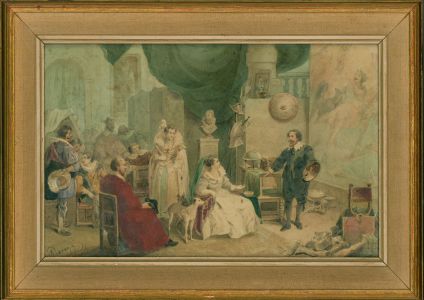 Framed 19th Century Watercolour - Artist & his Patrons