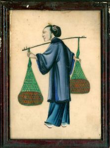 Framed 19th Century Chinese Watercolour - Courtier Carrying Goods
