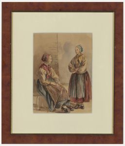 Mid 19th Century Watercolour - Swedish Women in Traditional Dress