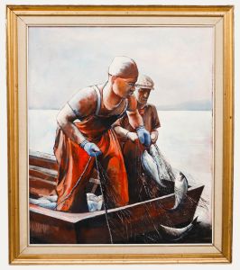 R. E. Banwell - Framed Contemporary Oil, Bringing in the Catch