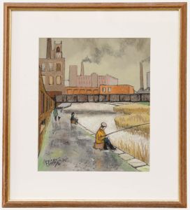 Brian Phillips - Framed 20th Century Pastel, Anglers at the City Docks