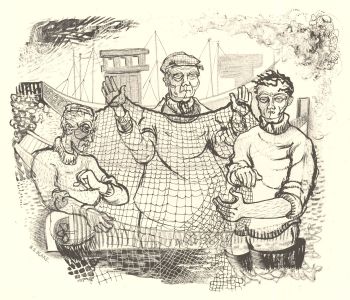 B. S. Blake - 20th Century Lithograph, Untangling Fishing Nets