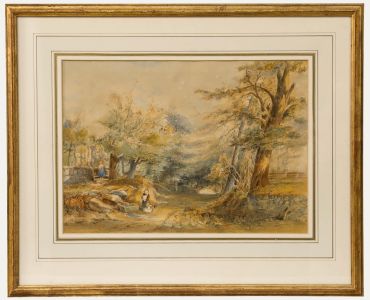 Framed 19th Century Watercolour - Figures on a Woodland Path
