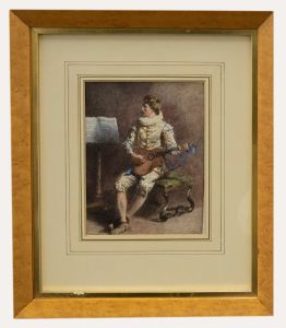 Framed 19th Century Watercolour - The Guitar Player