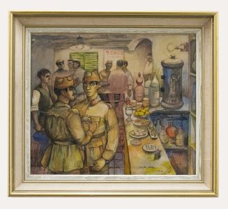 Victor Kelly - 1952 Watercolour, Soldiers at the Taverna