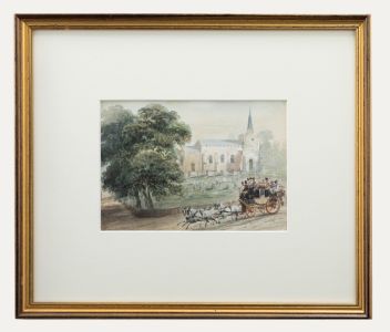 Framed 19th Century Watercolour - Coach & Horses by a Church