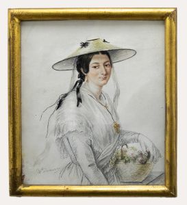 M. Demancy  - 1844 Watercolour, Lady with a Flower Basket