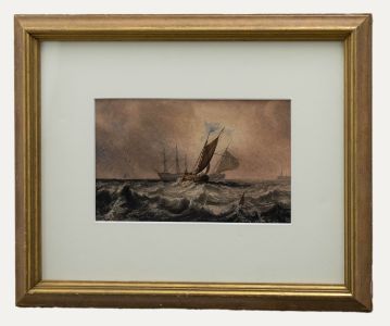 Framed 19th Century Watercolour - Shipping Off the Coast