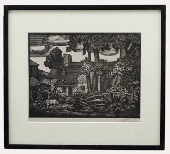 Framed Mid 20th Century Woodcut - Rural Farmstead
