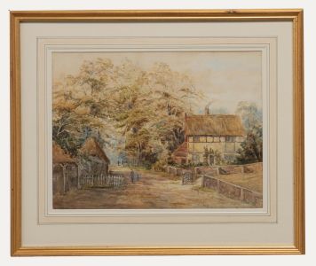 Framed 19th Century Watercolour - Village Scene with Thatched Cottage