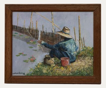 V. Chaiduang - Contemporary Oil, Angler on the River Bank