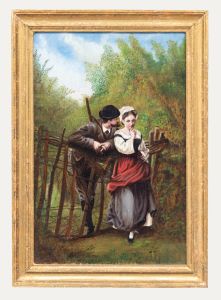 Italian School 1886 Oil - Lovers at the Gate