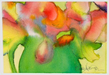 Elda Abramson - Contemporary Watercolour, Flowers in Green Jug
