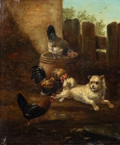 Follower of August Laux (1847-1921) - Late 19th Century Oil, Terrier Chase