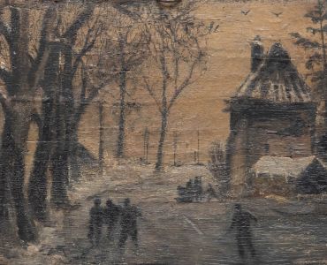 Naive School 19th Century Oil - Skating on the Frozen River