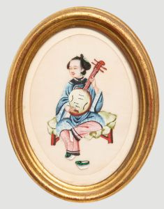 Chinese School 19th Century Watercolour - Lady Playing a Ruan