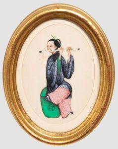 Chinese School 19th Century Watercolour - Lady Playing a Dizi