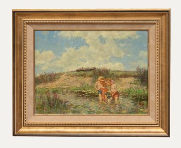 Russian School 20th Century Oil - Children Netting in a River