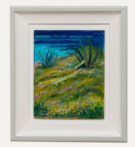 Greta Tomlison (1927-2021) - Framed Oil, Coastal View with Aloe Vera Plants
