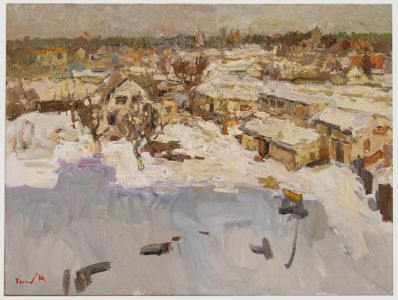 Oleksandr Khrapachov (b.1981) - Contemporary Oil, Snow on the lakeside Town