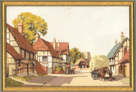 Framed 20th Century Gouache - Rural Village Scene with Hay Cart