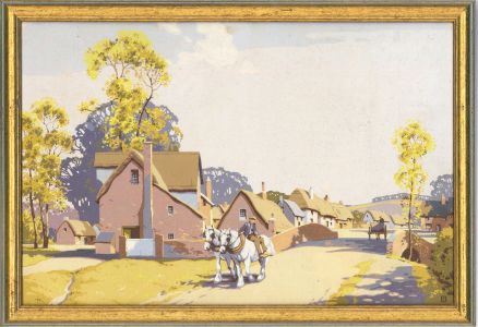 Framed 20th Century Gouache - Rural Village Scene with Cart Horses