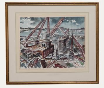 Peter Lowry - 20th Century Watercolour, Industrial Landscape with Tower Cranes