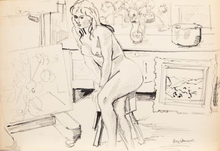 Georges Pacouil (1903-1996) - Pen and Ink Drawing, Nude and Flowers