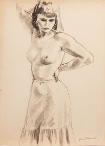 Georges Pacouil (1903-1996) - Charcoal Drawing, Nude in Dance Skirt