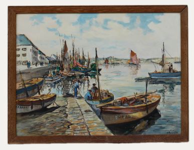 Adrien Ravallec (1909-1993) - Framed Watercolour, Unloading the Early Catch