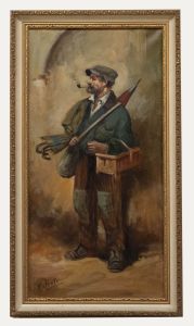 Valente - Framed Early 20th Century Oil, Portrait of an Umbrella Seller