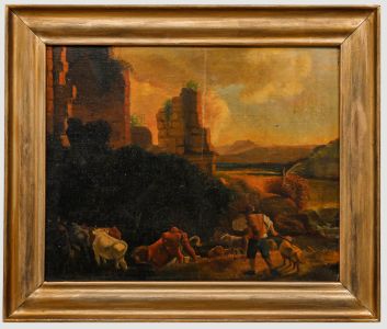 Early 20th Century Oil - Cattle Before Castle Ruins