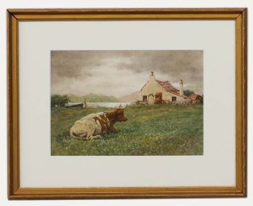 John Robert Keitley Duff RI (1862-1938)- Framed watercolour, Cow by the Cottage