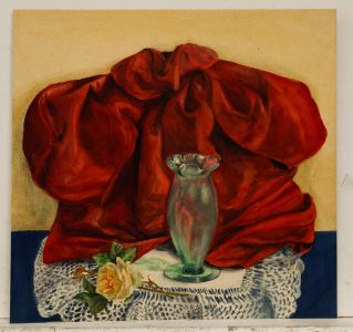 Early 20th Century Watercolour - Still Life with Fuchsia Fabric & Flowering Rose