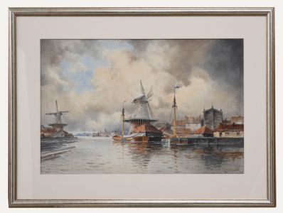 Louis Van Staaten (1836-1909) - Watercolour, Dutch River Scene with Windmills