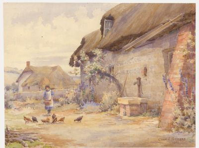 Charles E. Georges - 1926 Watercolour, Feeding The Chickens