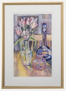 Lesley Fuller  - Contemporary Watercolour, Tulips and Blue Vase
