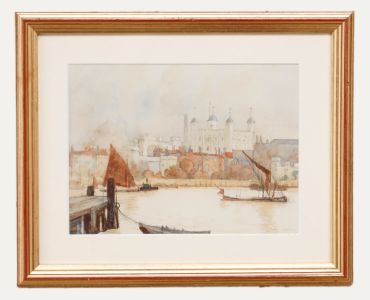 Framed 19th Century Watercolour - The Tower of London From the Thames