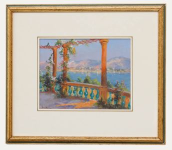 Gabriel Brun-Buisson (1883-1959) - Framed Gouache, Terrace on the Cote D'Azur