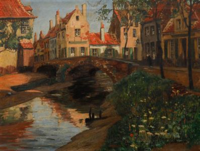 Marten Ven Der Loo (1880-1920) - Belgian Oil, View of an Old Bridge in Bruges