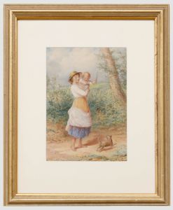 Henry E Hobson (fl. 1857-1866) - Framed Watercolour, Playing Fetch