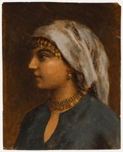 19th Century Watercolour - Woman in Gold and Teal