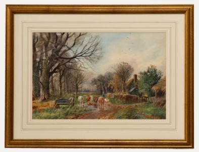 20th Century Watercolour - Cattle in the Stream