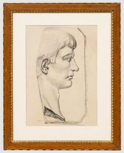 French School Mid 20th Century Charcoal Drawing - Roman Statue Profile