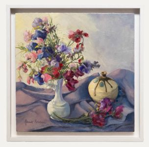 June Bevan (b.1927) - 20th Century Oil, Sweet Peas in White Vase